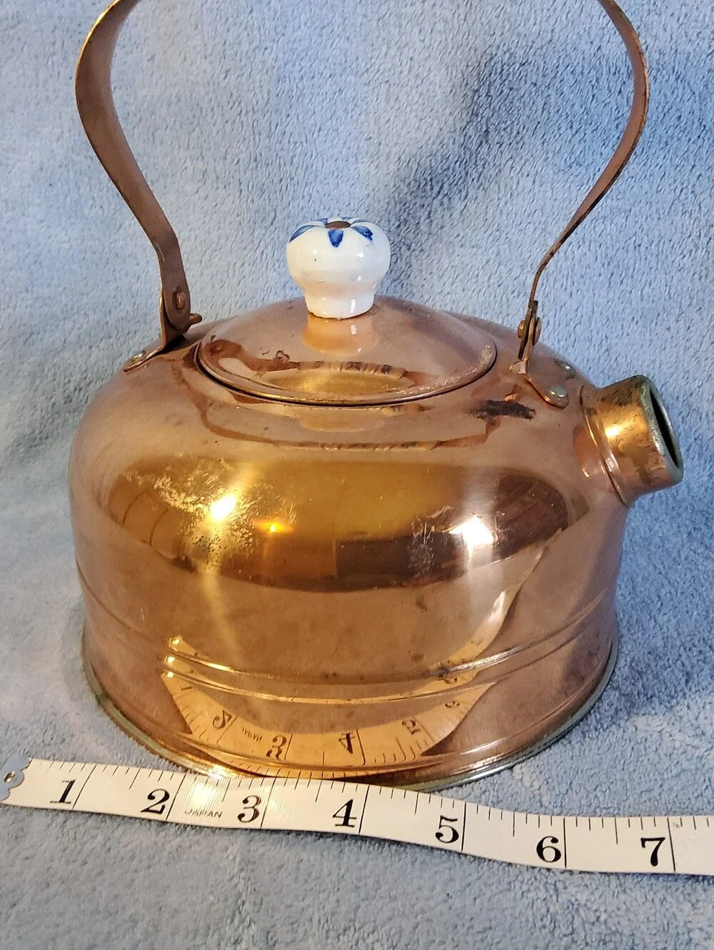 Vintage Copper Tea Pot with Ceramic Handles White Blue Delft Pattern Cottagecore